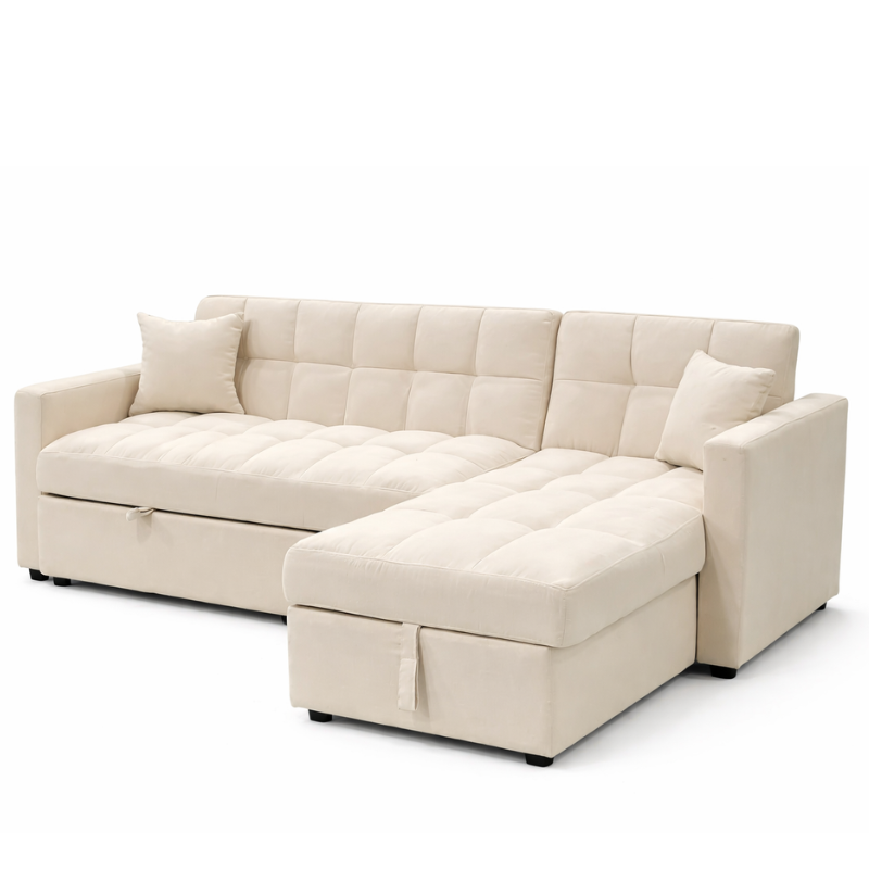 Sofá Cama 210x145 cm en Terciopelo Gris con Almacenaje y Cojines