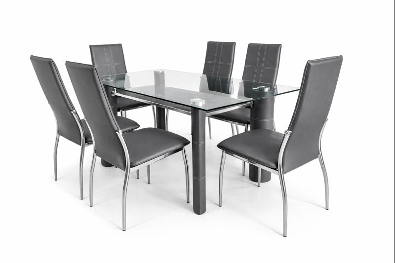 Mesa ketch de Cristal Templado + 6 Sillas de Comedor en Polipiel y Metal
