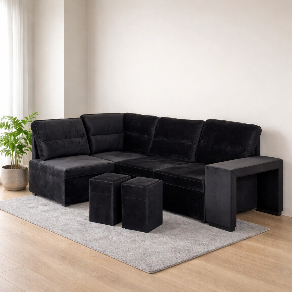 Sofá cama rinconera con puffs en terciopelo