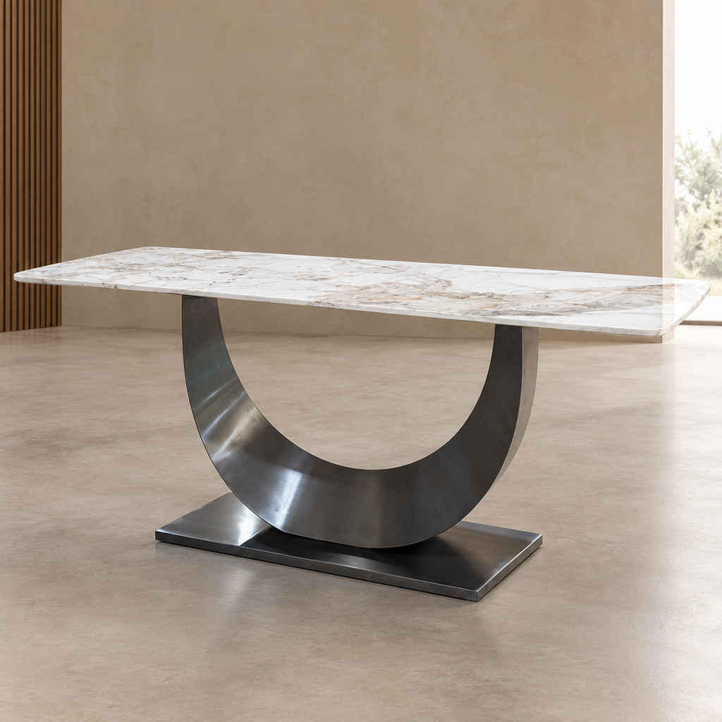 Mesa de comedor rectangular efecto mármol blanco con base metálica