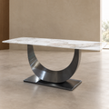 Mesa de comedor rectangular efecto mármol blanco con base metálica
