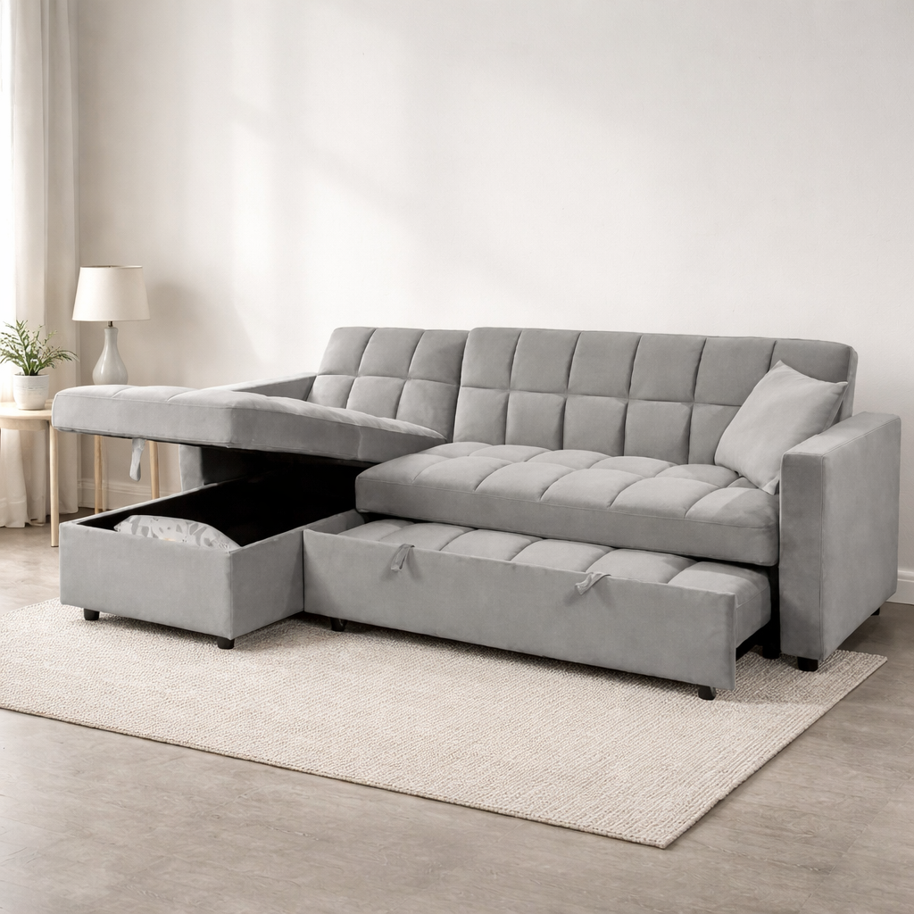 Sofá Cama 210x145 cm en Terciopelo Gris con Almacenaje y Cojines