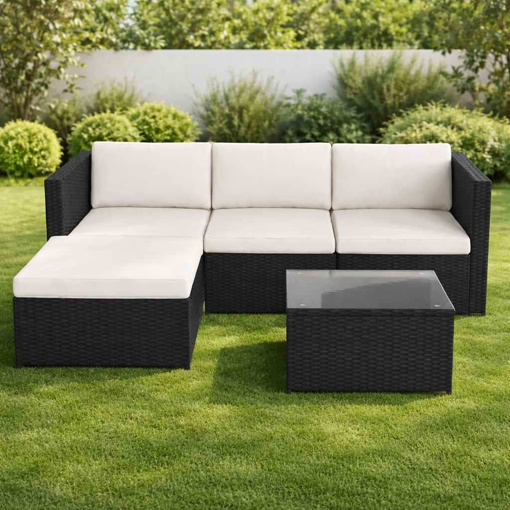 Sofá Chaise Longue Ratán Exterior 195x137x70 cm con Mesa