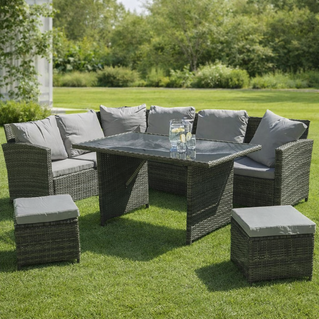 Sofá Rinconera Jardín Ratán Exterior 230x175 cm con Mesa y 2 Pufs