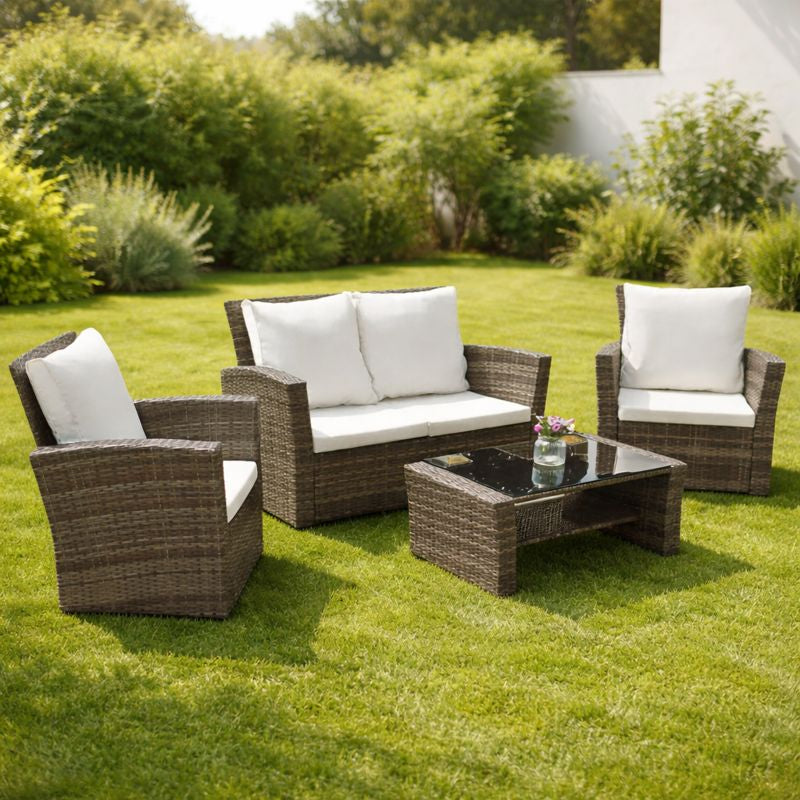 Conjunto Jardín Rattan Moderno 4 Piezas 117x67cm | Sofá, 2 Sillones y Mesita