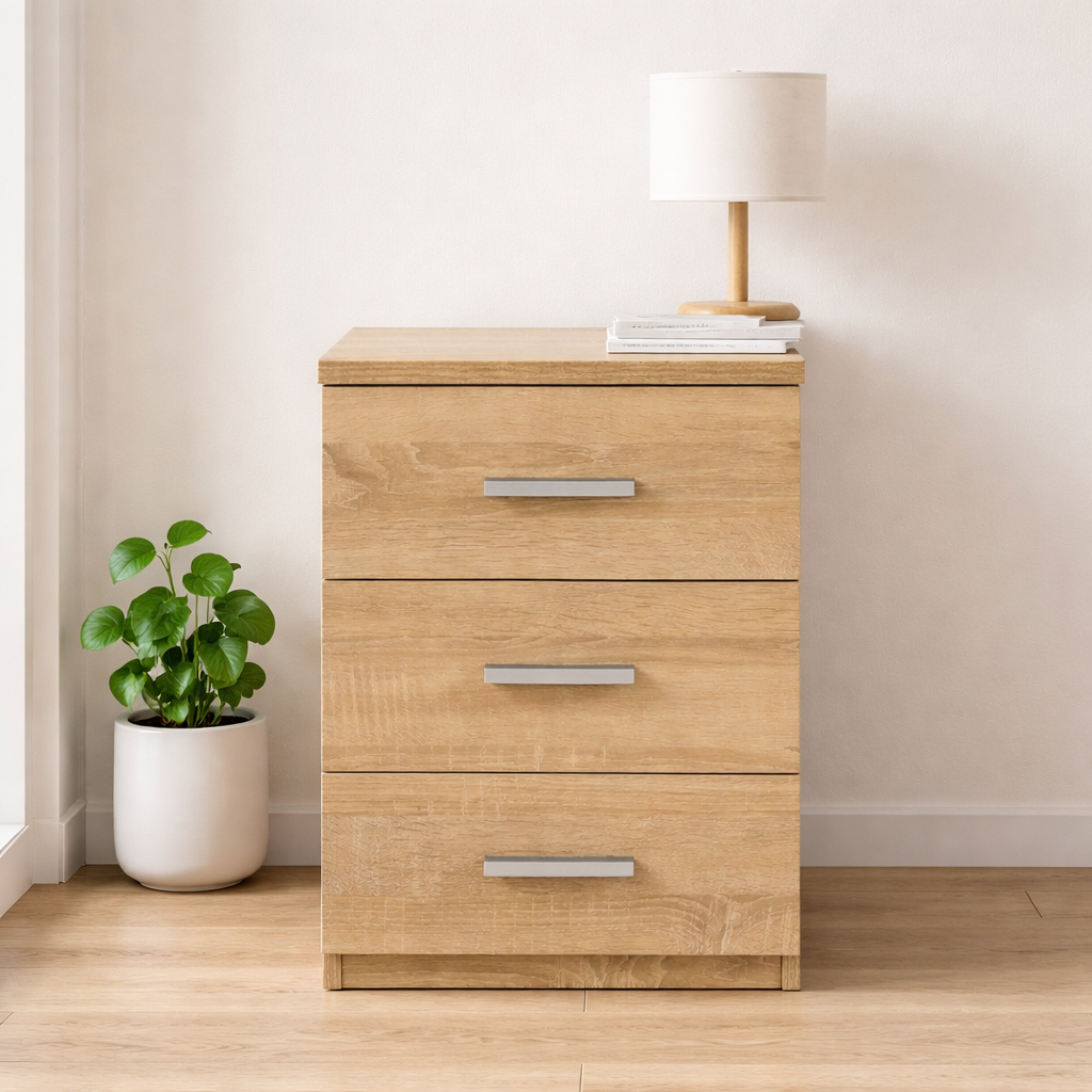 Mesita de noche 3 cajones con tiradores metal 35x40 cm