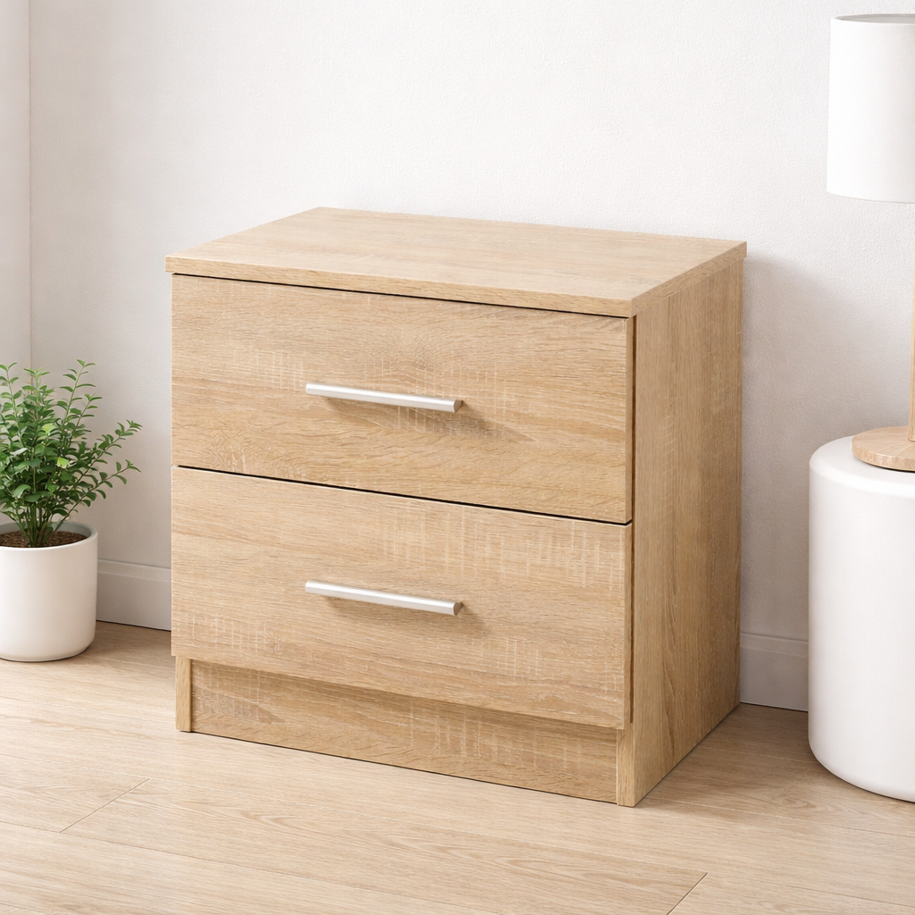 Mesita de noche 2 cajones con tiradores metal 33x42 cm