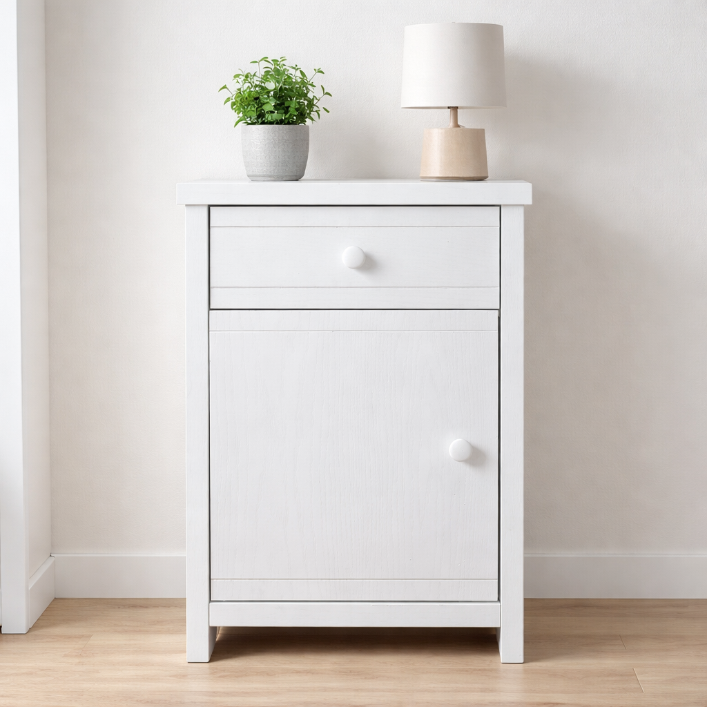 Mesita de noche cajón puerta blanca o roble 45x38 cm