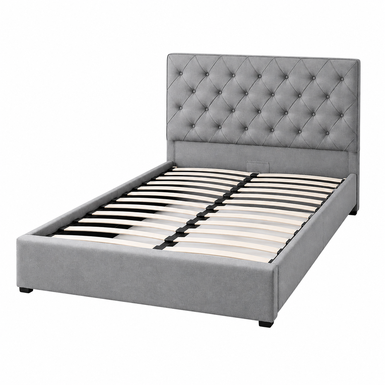 Cama matrimonial tapizada con arcón y cabecero