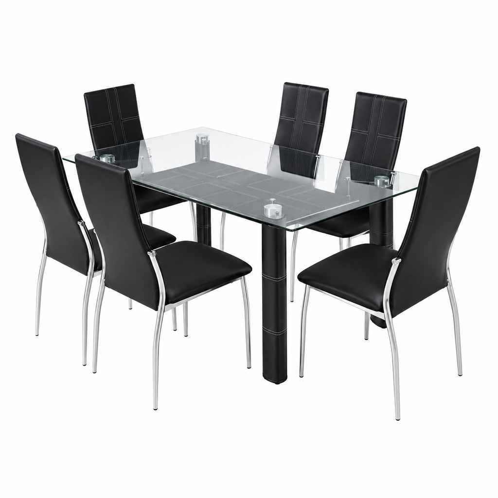 Mesa ketch de Cristal Templado + 6 Sillas de Comedor en Polipiel y Metal
