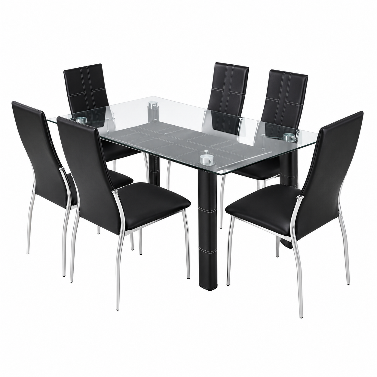 Mesa ketch de Cristal Templado + 6 Sillas de Comedor en Polipiel y Metal