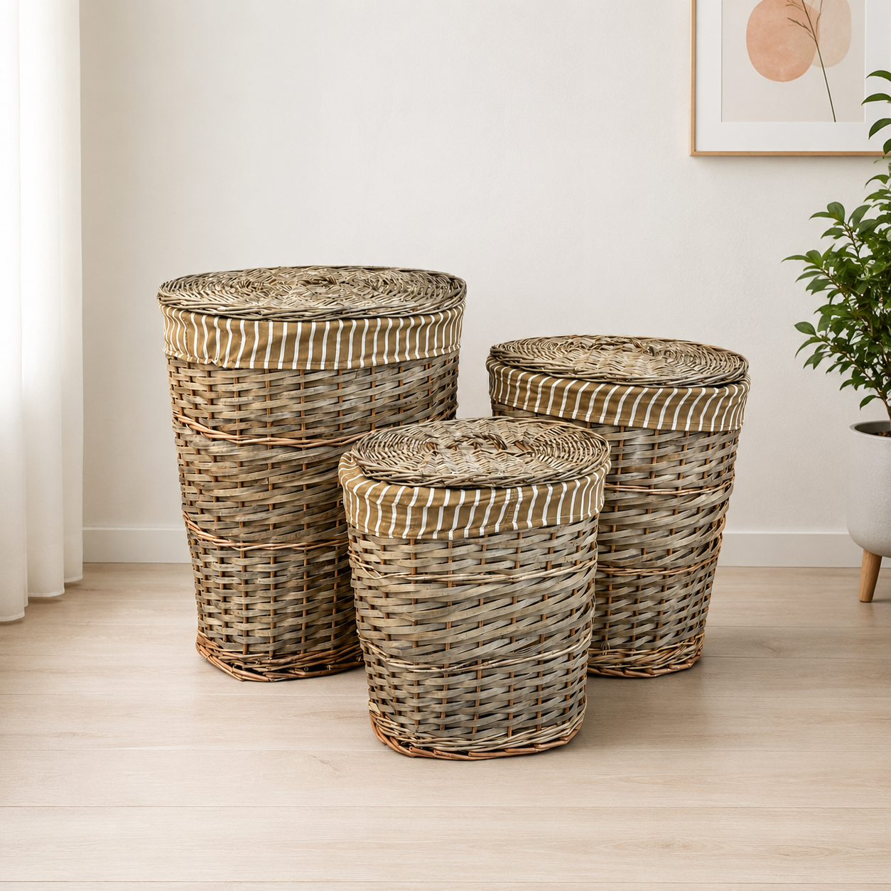 Set de 3 Cestos de Mimbre con Tapa y Forro de Tela – Estilo Natural
