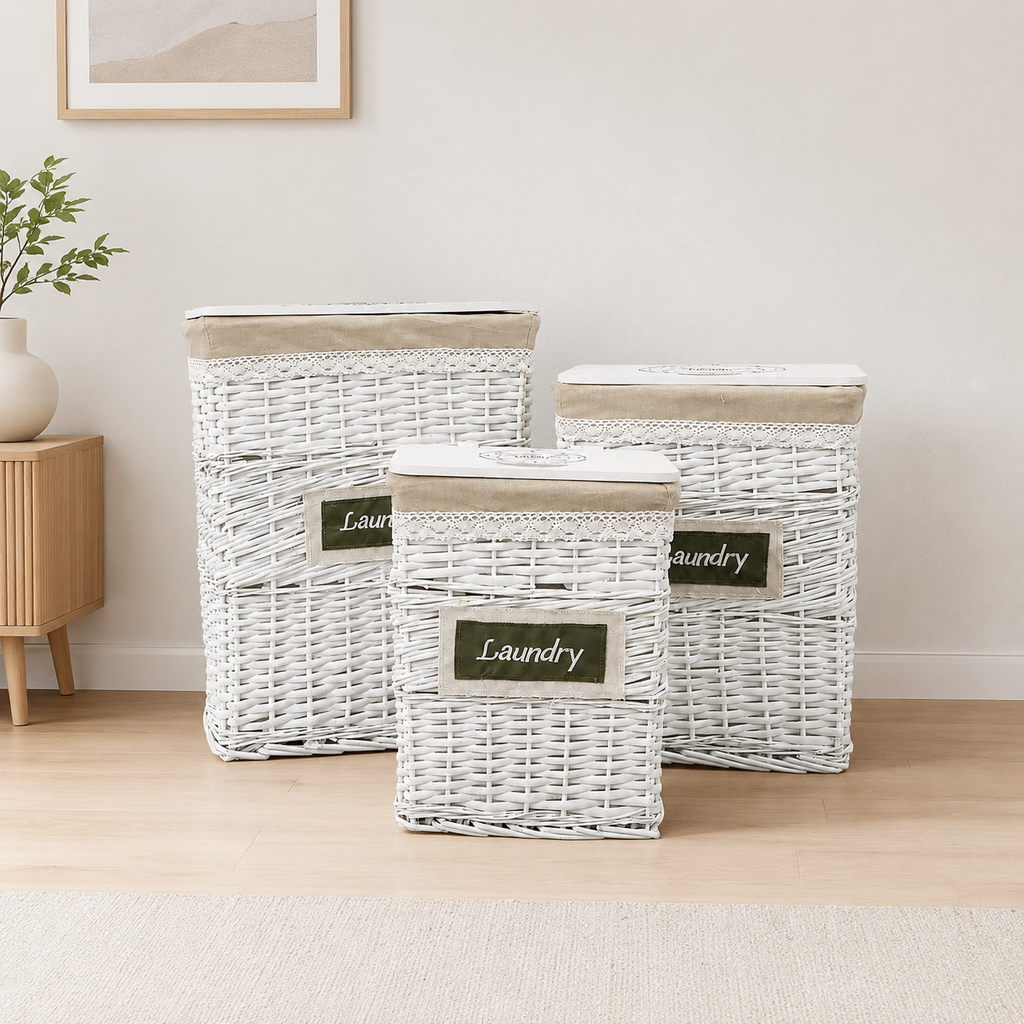 Set de Cestos de Ropa de Mimbre Blanco con Tapa – 3 Tamaños (L, M y S)