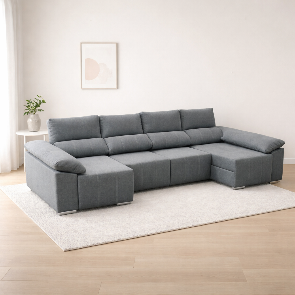 Mega Sofá Barcelona - cama chaise longue grande 335 cm con arcón y cama 285x120 – Máximo confort y almacenaje