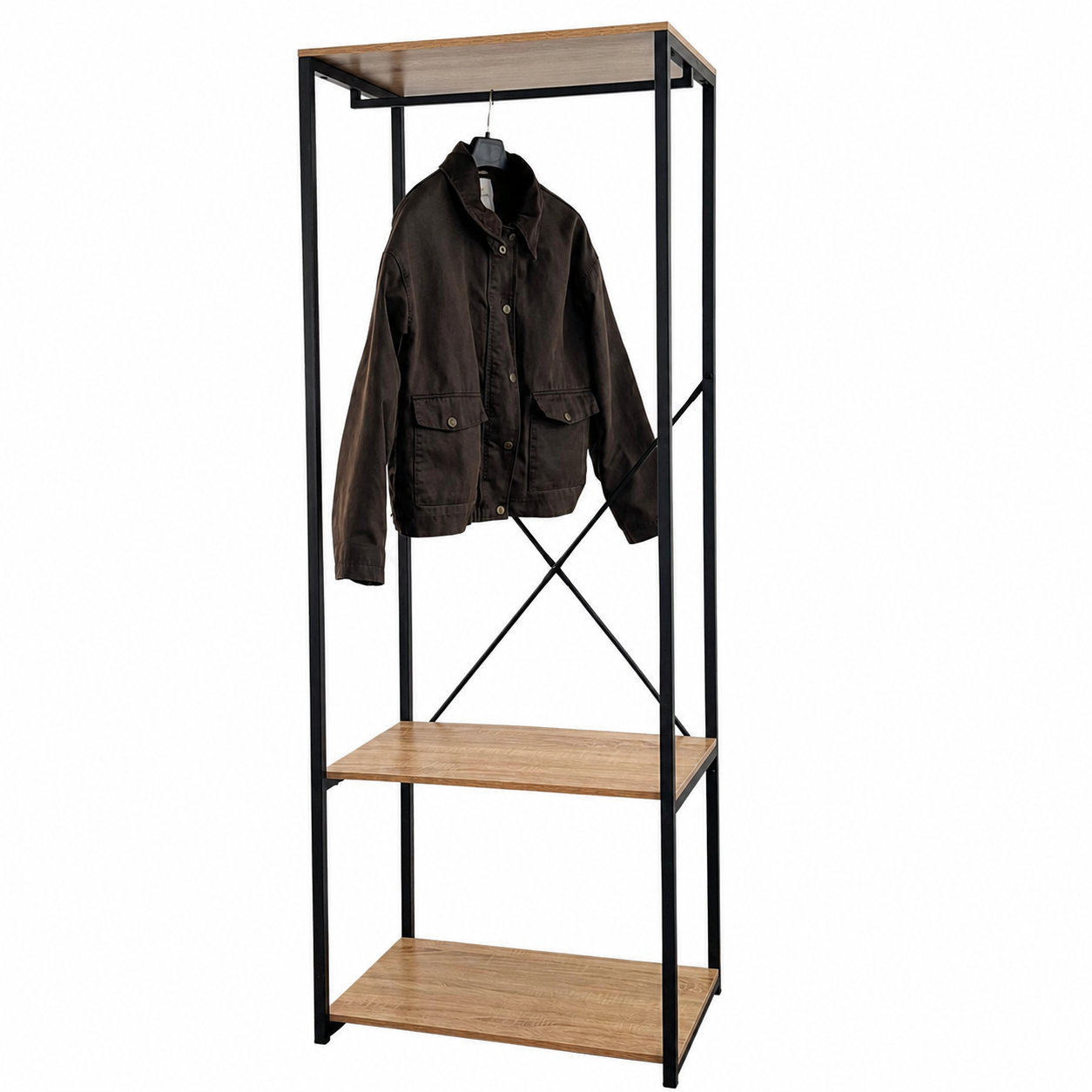 Perchero Organizador Industrial con Repisas de Madera y Estructura Metálica