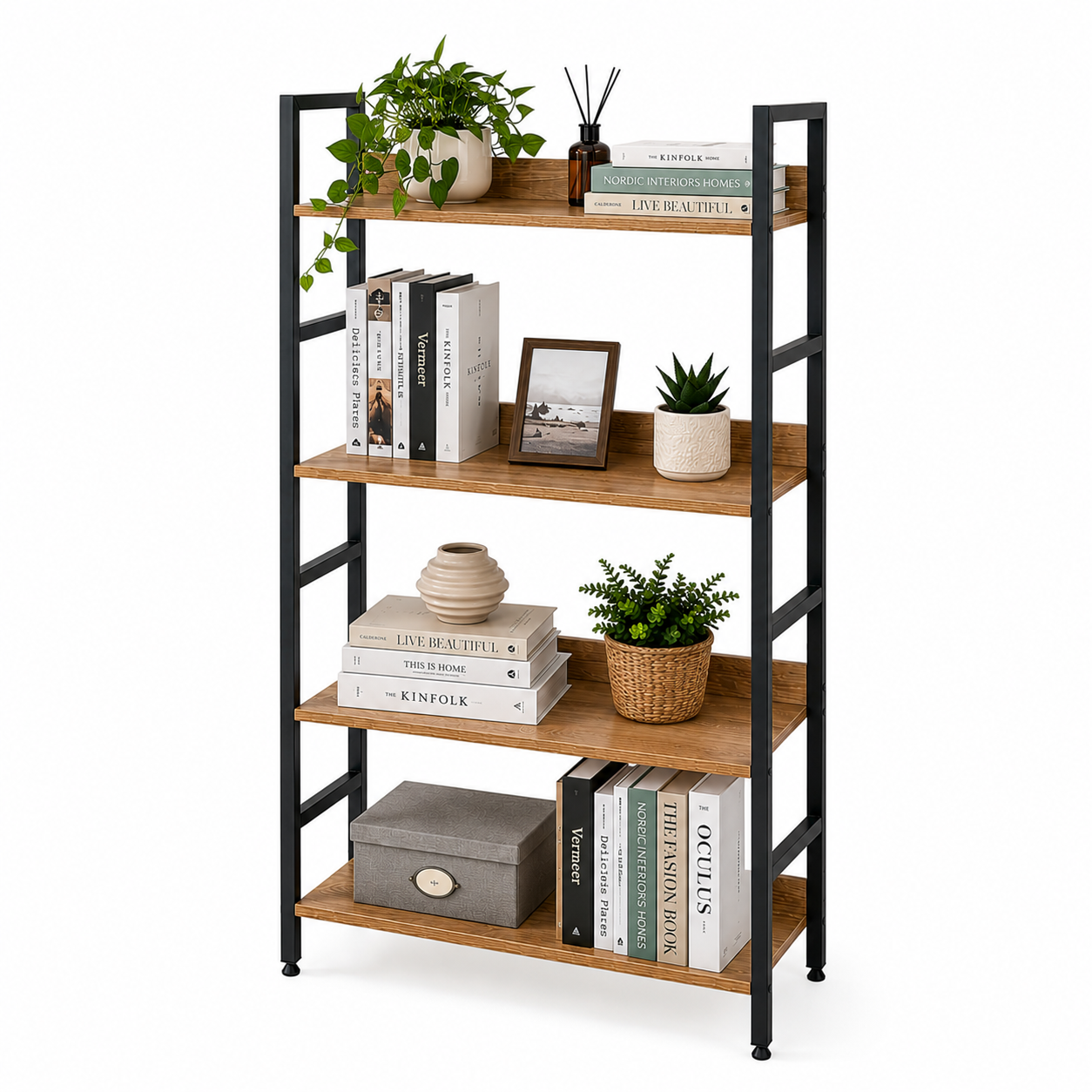 Estantería Industrial de 4 Niveles con Estructura Metálica y Acabado Madera