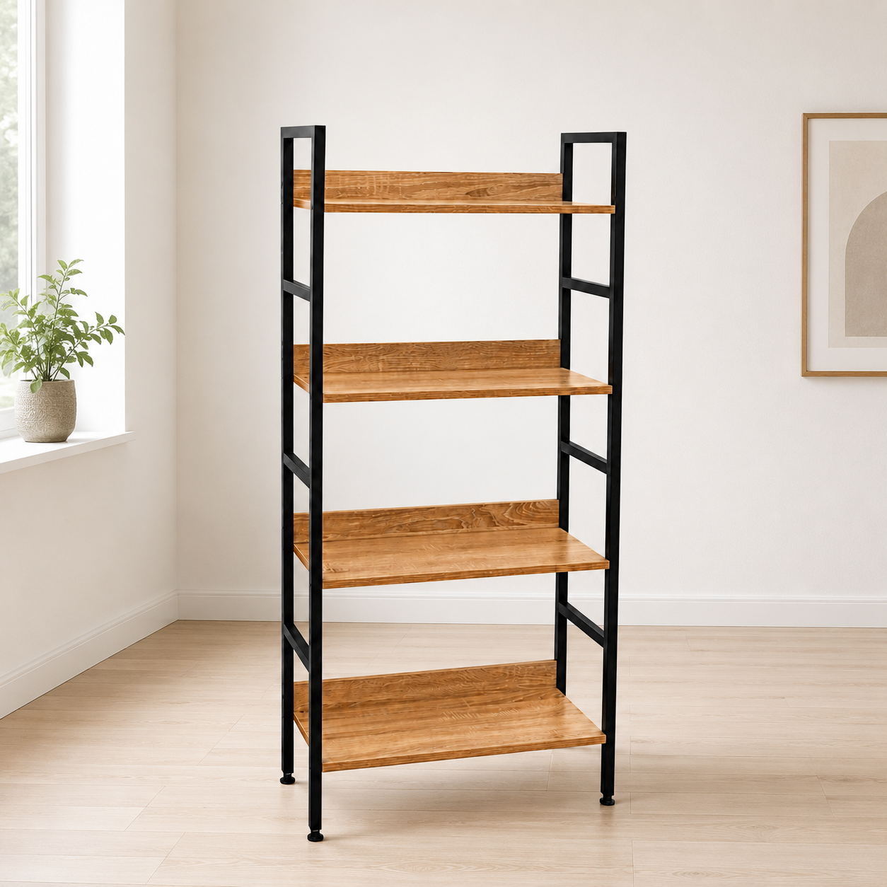 Estantería Industrial de 4 Niveles con Estructura Metálica y Acabado Madera
