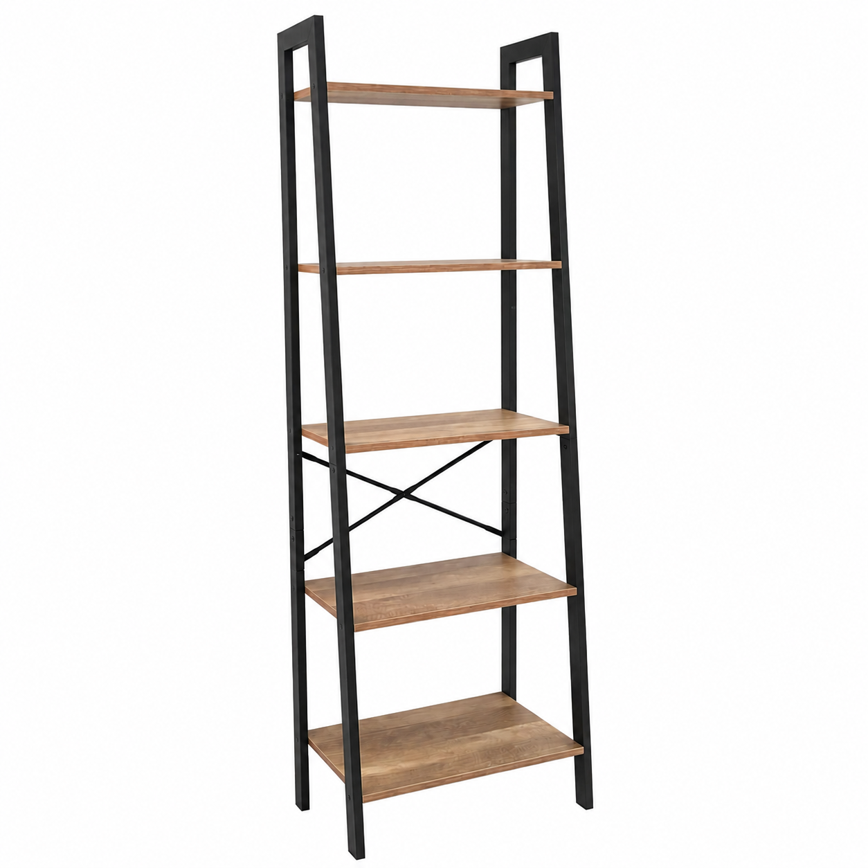 Estantería Escalera Industrial de 5 Niveles con Estructura Metálica y Repisas de Madera