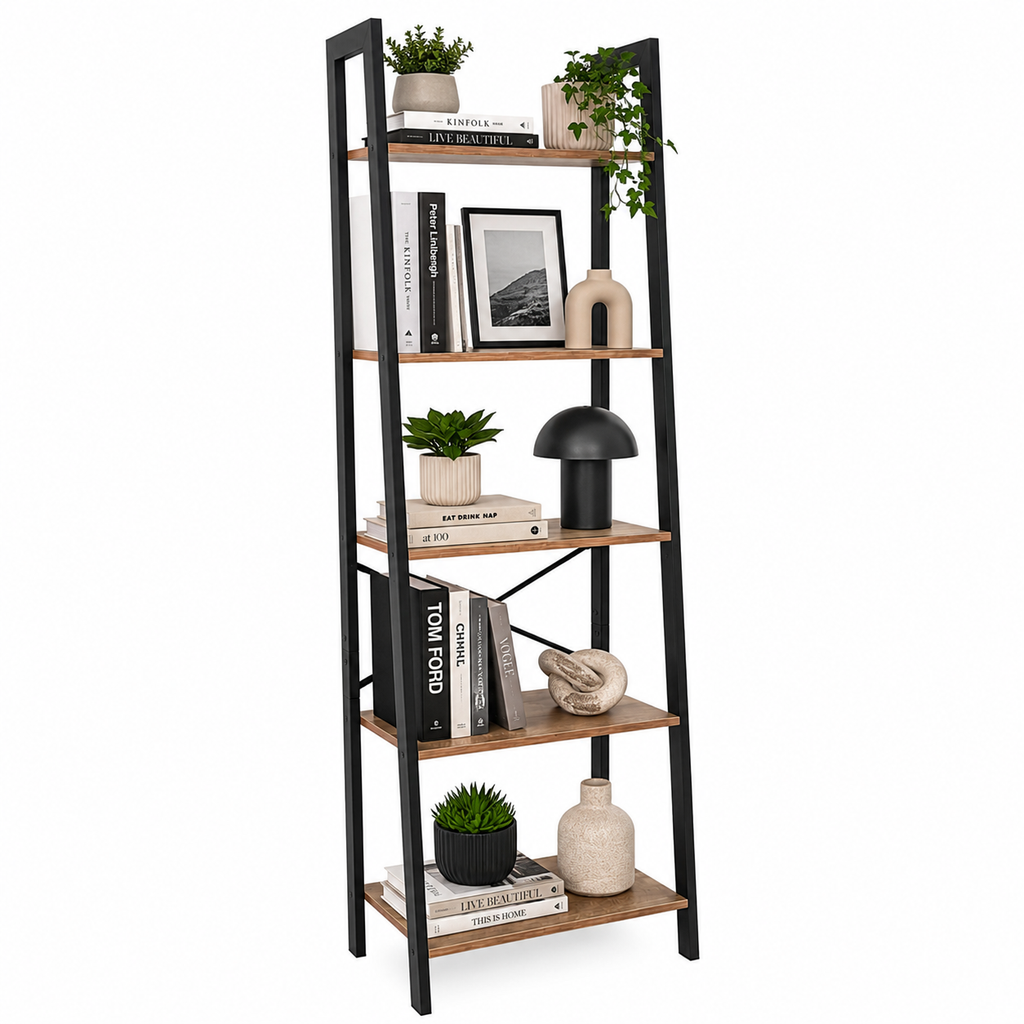 Estantería Escalera Industrial de 5 Niveles con Estructura Metálica y Repisas de Madera