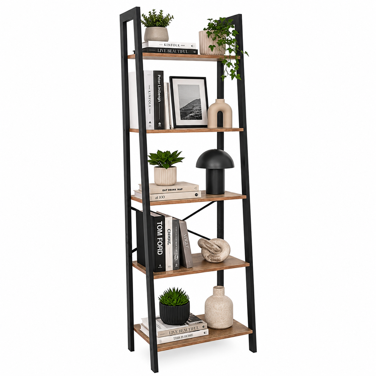 Estantería Escalera Industrial de 5 Niveles con Estructura Metálica y Repisas de Madera
