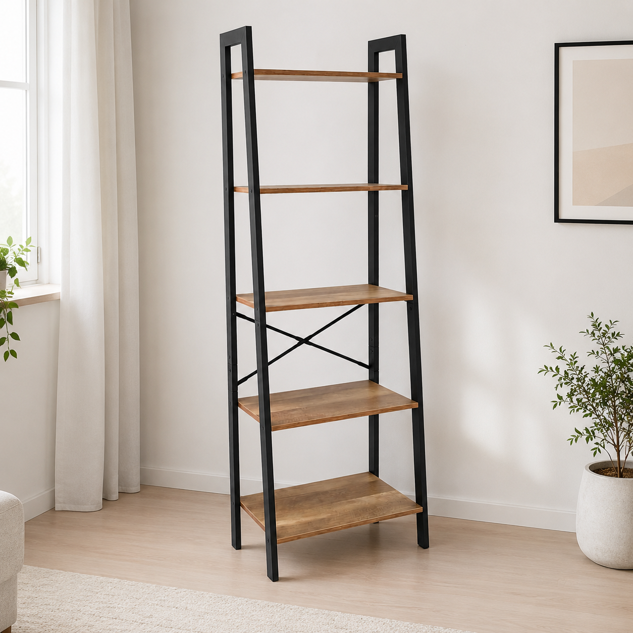 Estantería Escalera Industrial de 5 Niveles con Estructura Metálica y Repisas de Madera