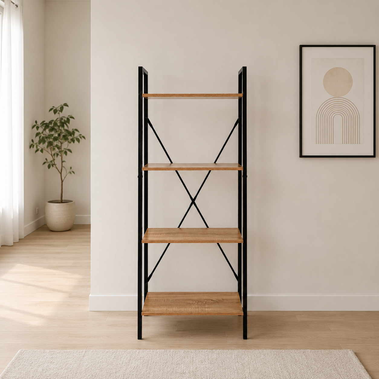 Estantería Industrial de 4 Niveles con Estructura Metálica y Acabado Madera
