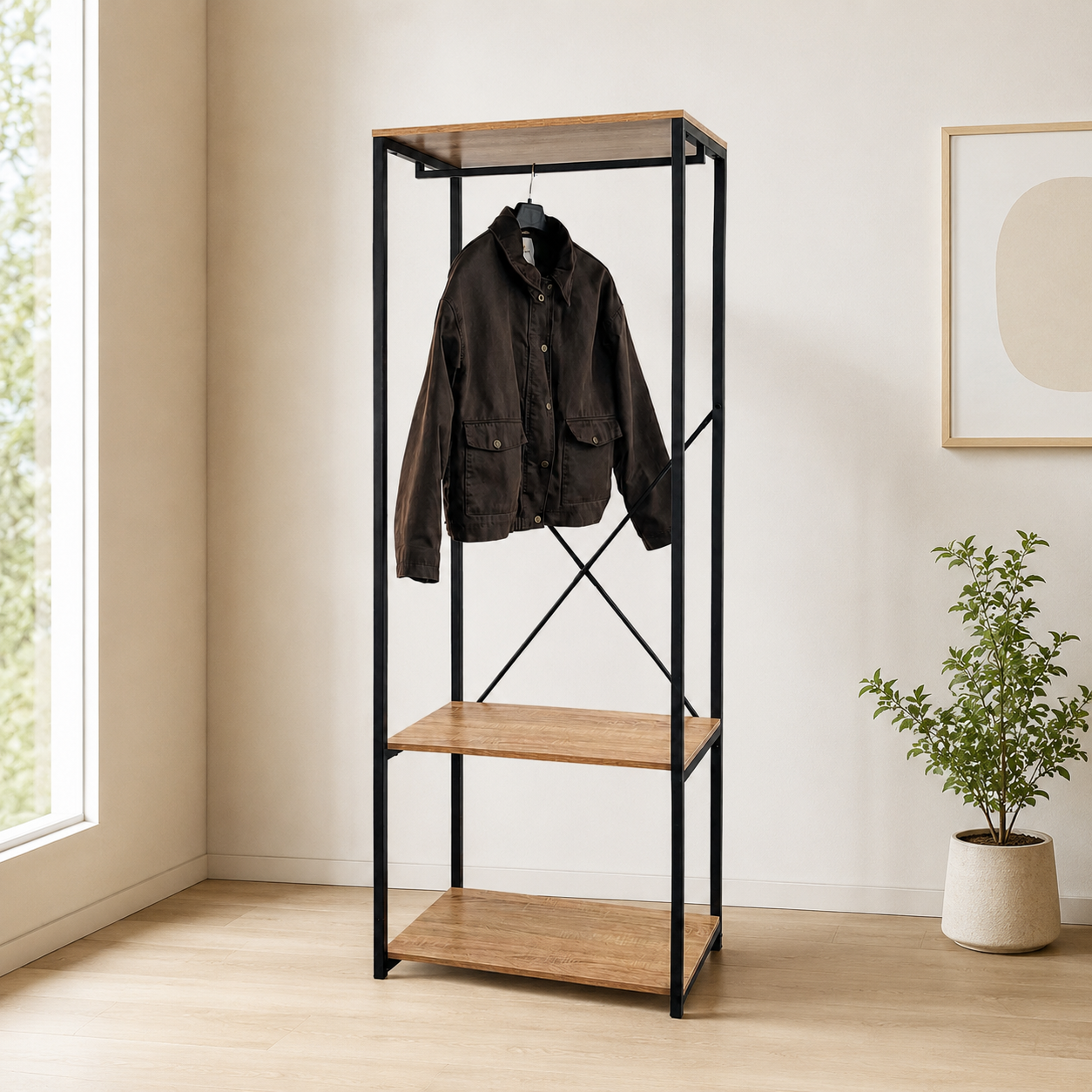 Perchero Organizador Industrial con Repisas de Madera y Estructura Metálica