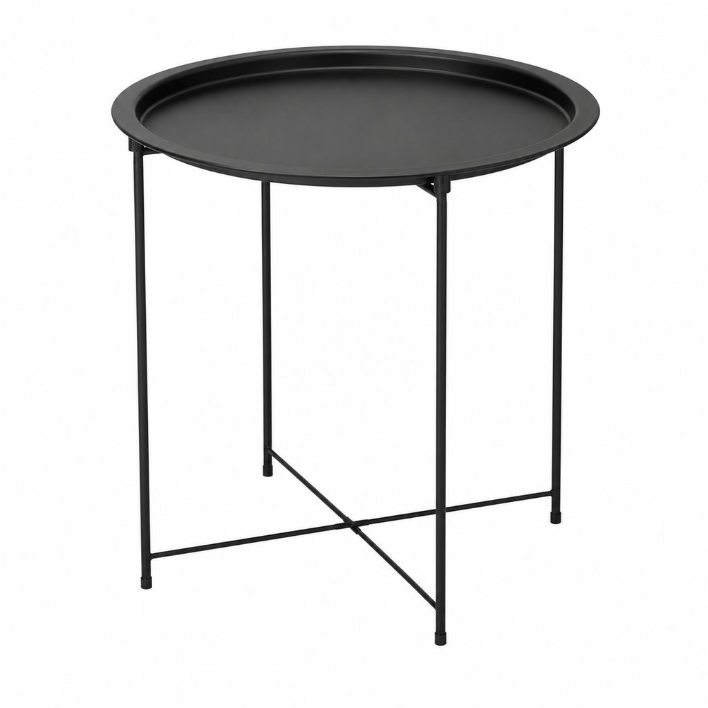 Mesa Auxiliar Redonda Negra de Metal con Bandeja – Estilo Minimalista