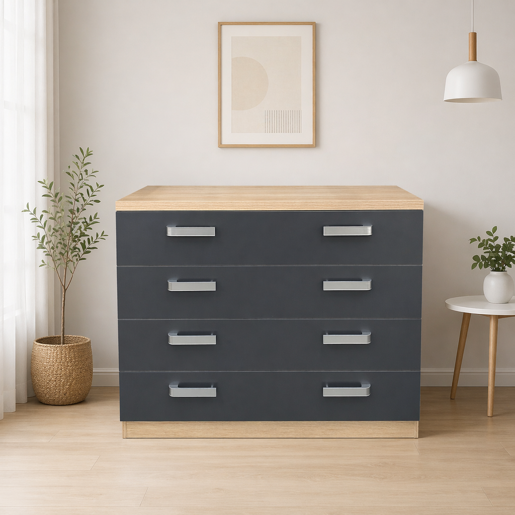 Cómoda 4 Cajones Dormitorio Melamina Cambria Gris Oscuro 100x40x84 cm – Cajonera Moderna de Almacenaje para Dormitorio