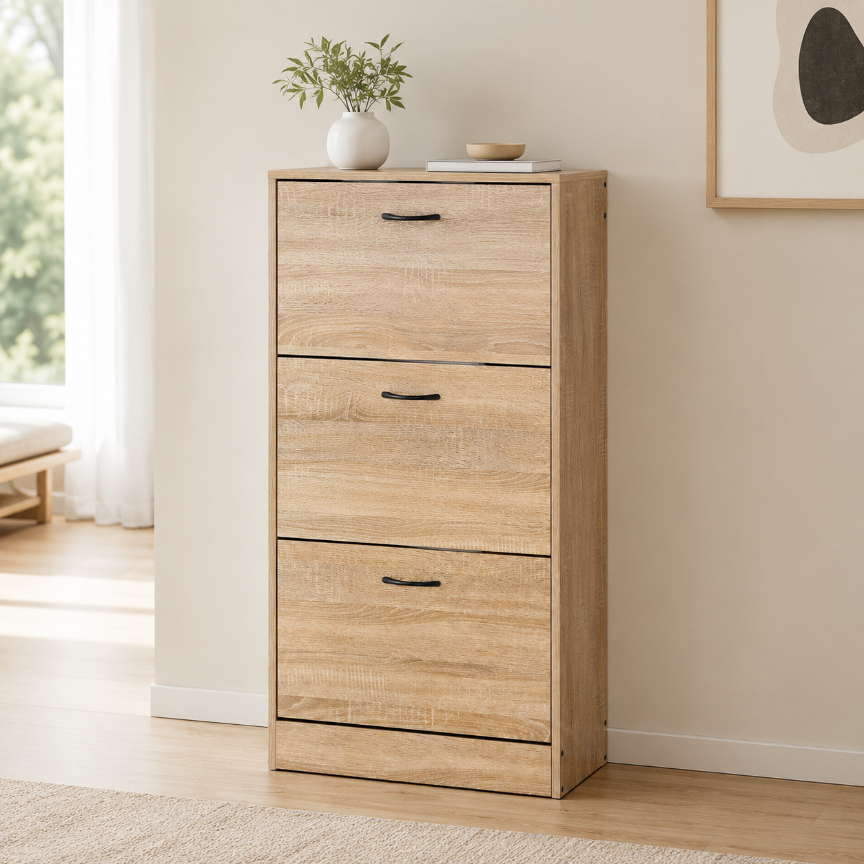 Zapatero de 3 puertas abatibles estilo moderno acabado madera natural
