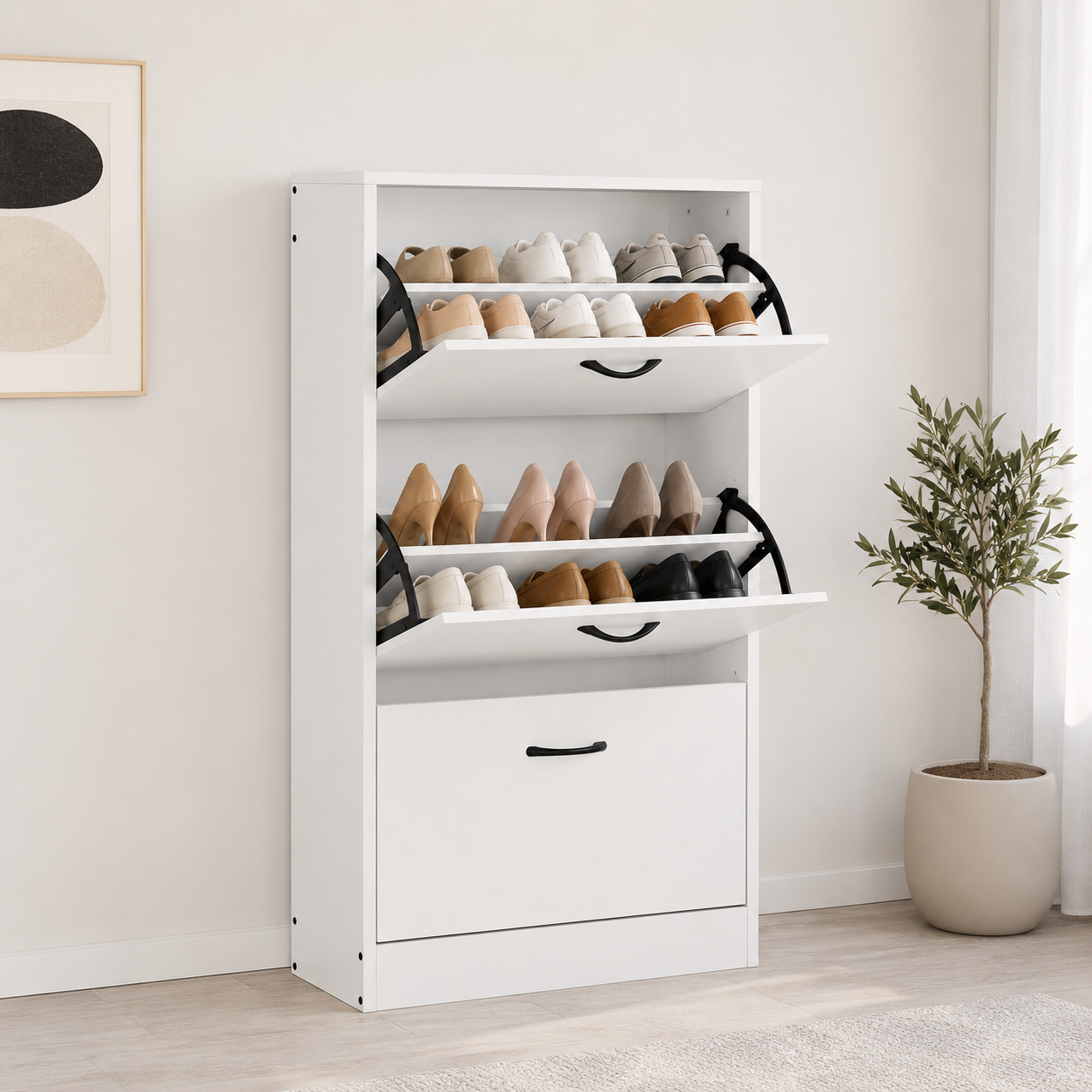 Zapatero Vertical Blanco de 3 Compartimentos – Diseño Compacto y Moderno