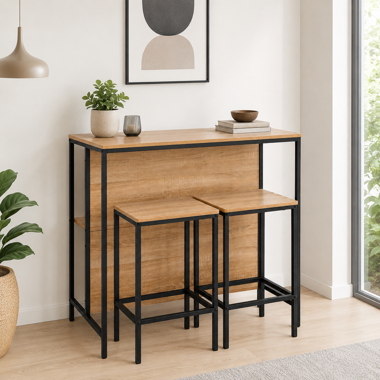 Mesa Bar Multifuncional con 2 Taburetes – Diseño Industrial Moderno