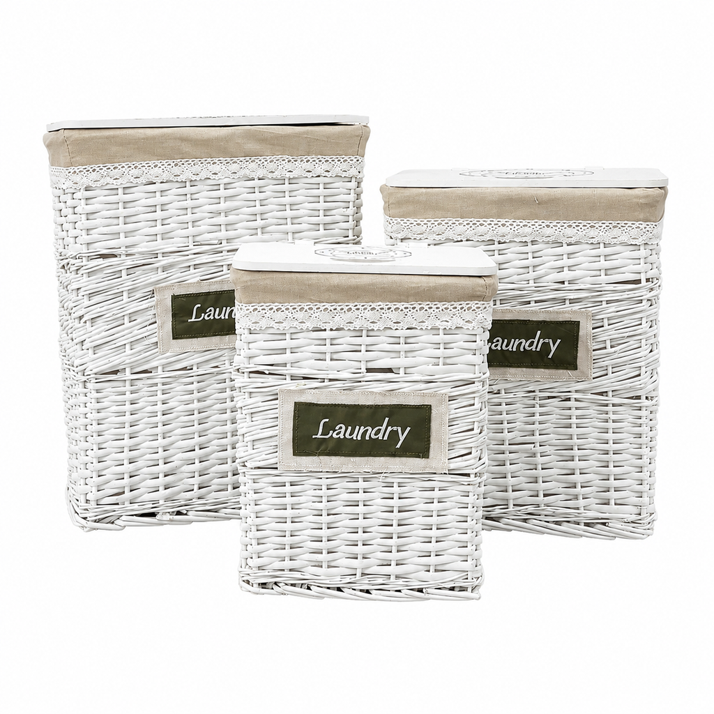 Set de Cestos de Ropa de Mimbre Blanco con Tapa – 3 Tamaños (L, M y S)