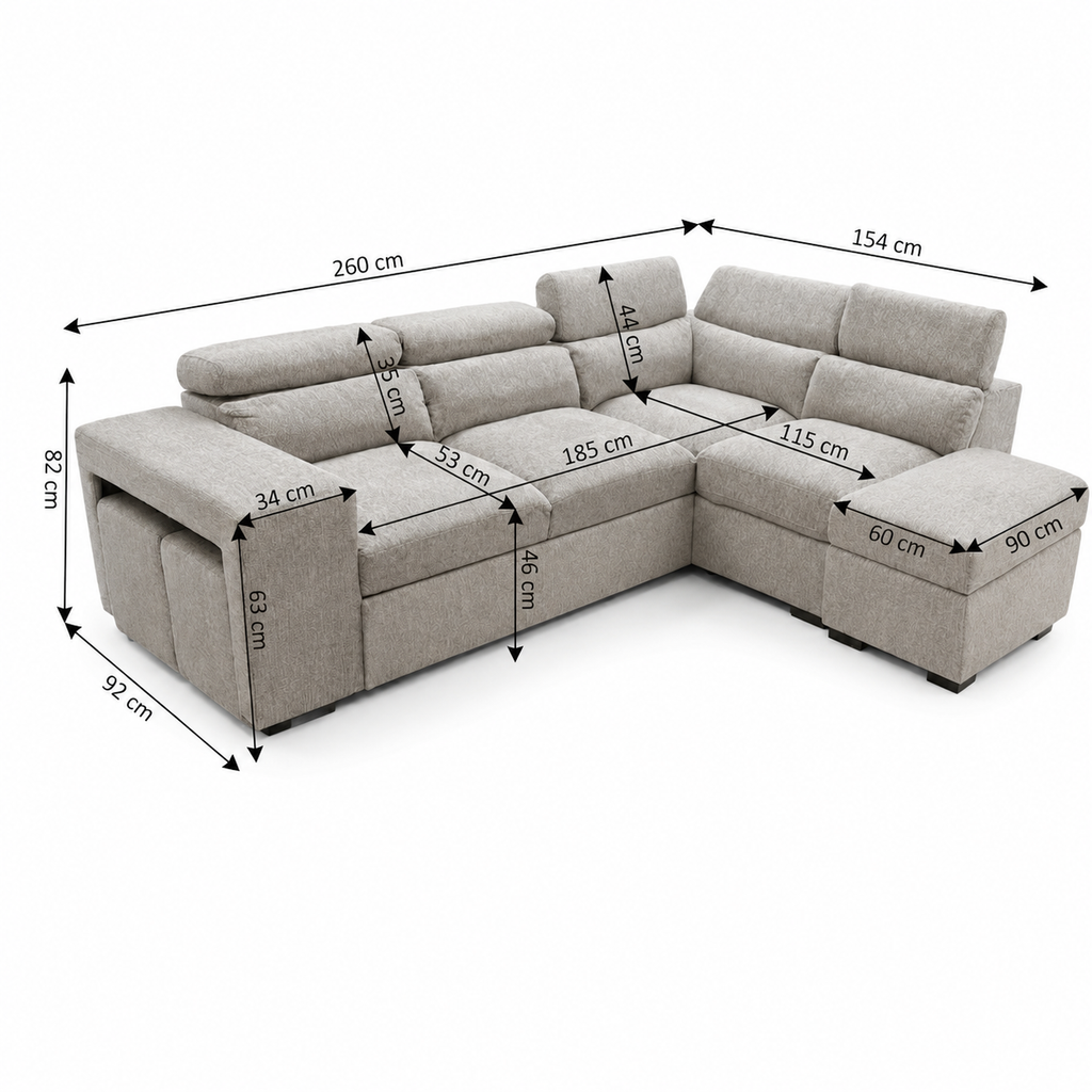 Sofa Cama Rinconera Ander + Puf con Arcon 260cm