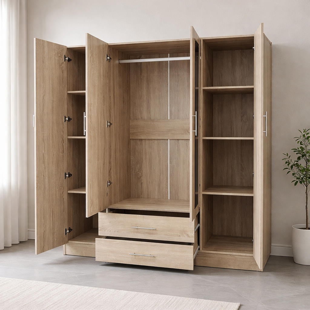 Armario dormitorio 4 puertas espejo 160x200 cm blanco o cambria