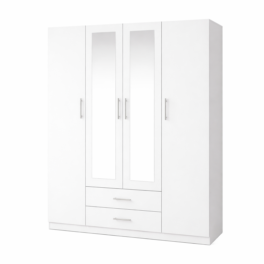 Armario dormitorio 4 puertas espejo 160x200 cm blanco o cambria