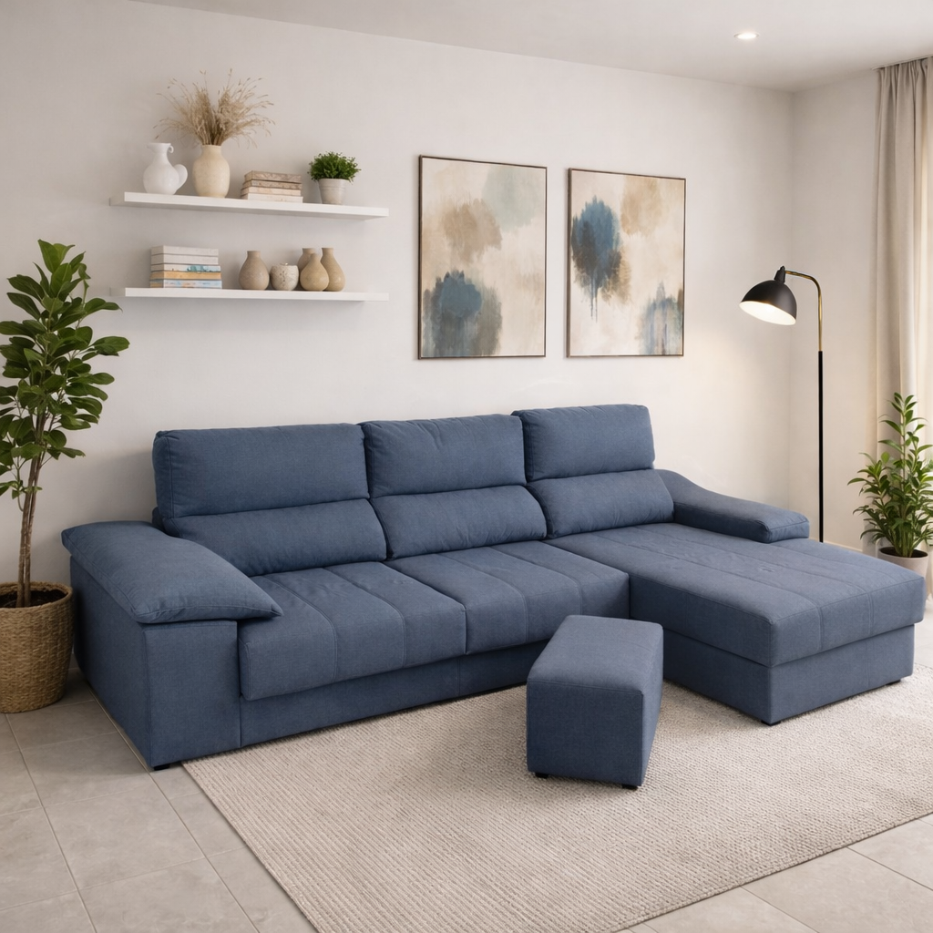 Sofá Kansas Chaiselongue Alta gama azul – 286×80/165×100 cm