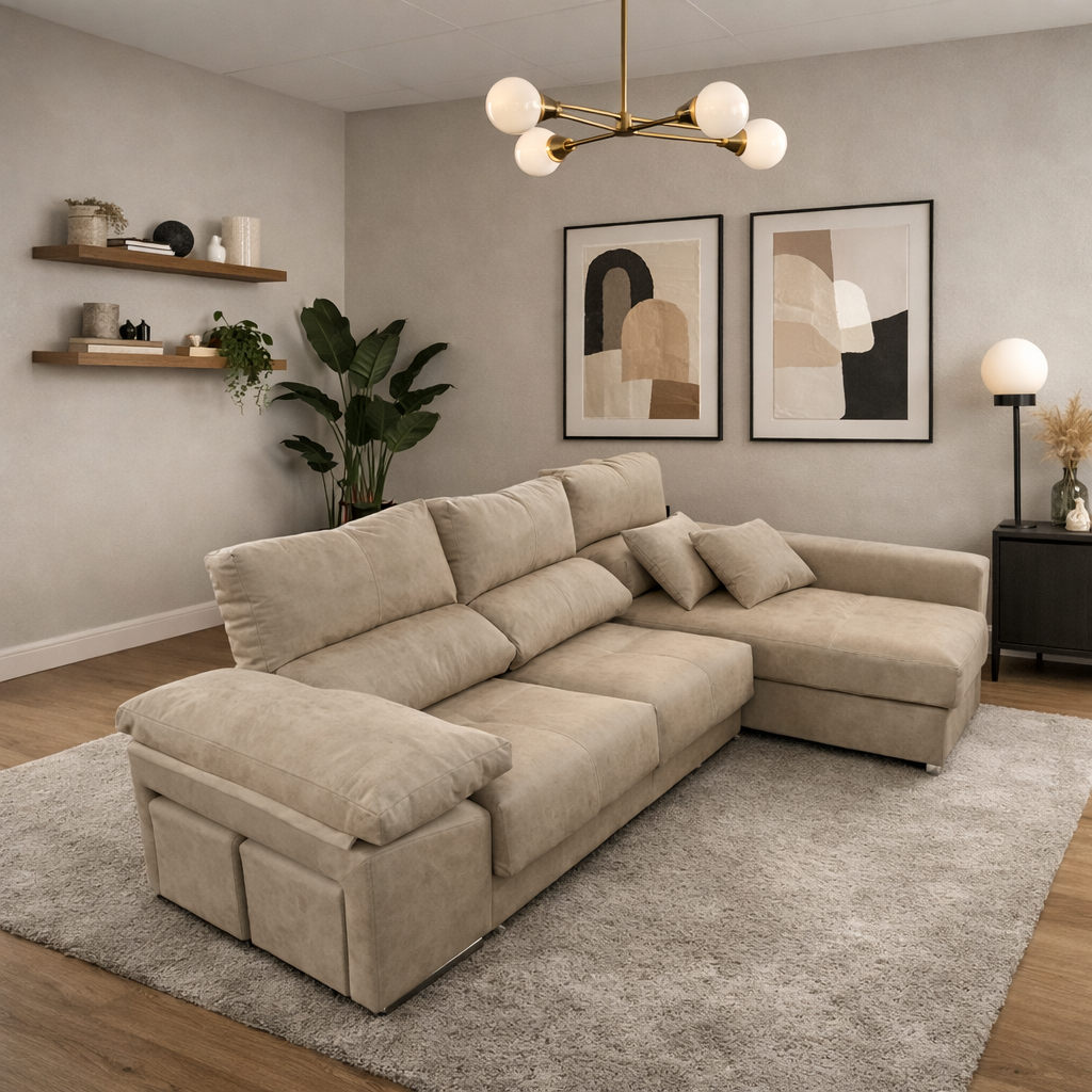 Sofá Paris chaise longue alta gama + 2 Puff 283×94×173cm Beige