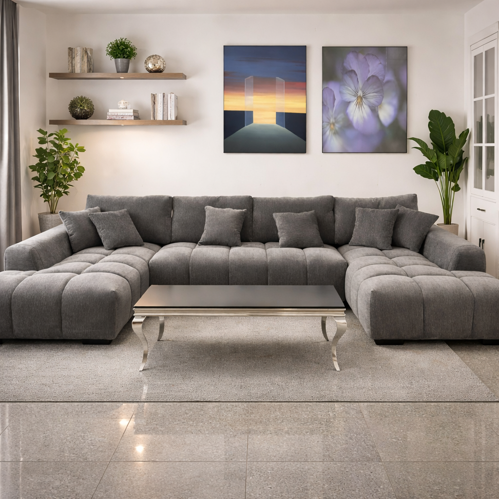 Mega Sofá Alta Gama Silver rinconera Grande Gris – 373×210×54 cm