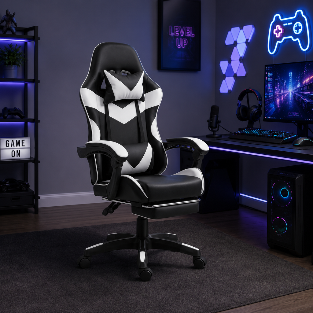 Silla Gaming Ergonomica y Giratoria Reposapies + Regulable en altura
