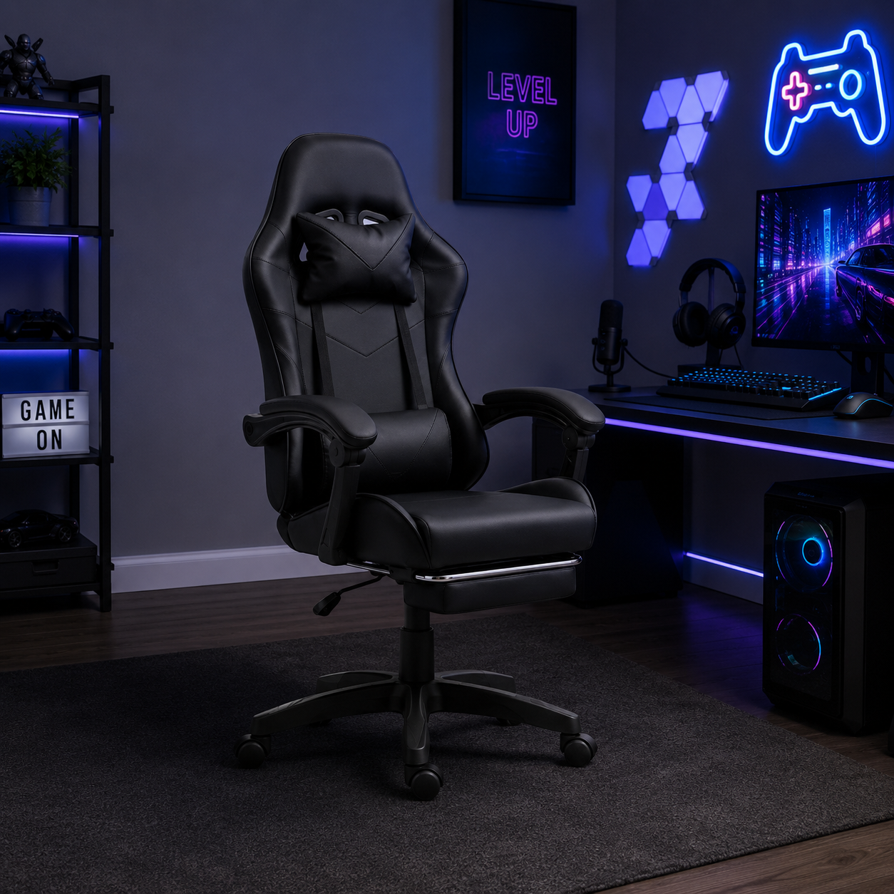 Silla Gaming Ergonomica y Giratoria Reposapies + Regulable en altura