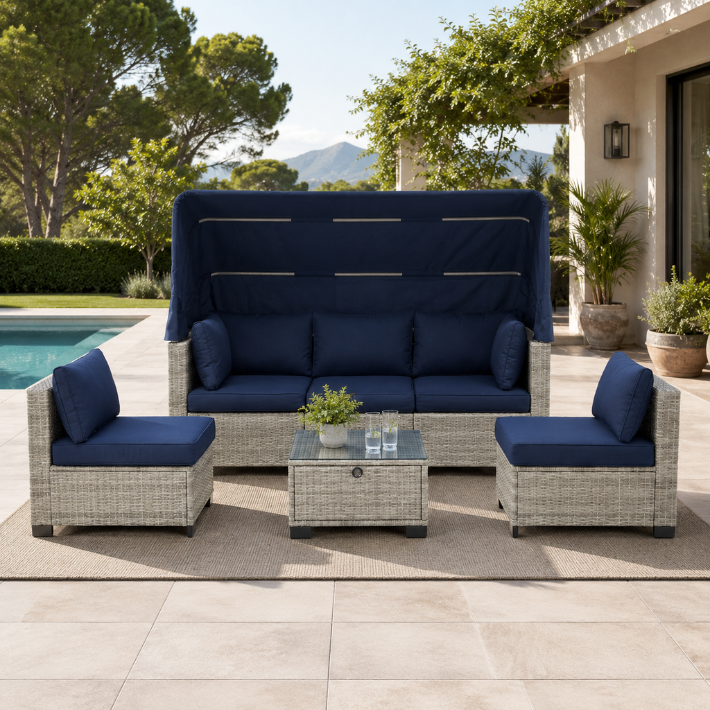 Sofa con Dosel + 2 Sillones + Mesa en Ratan  Muebles de Jardin y Terraza