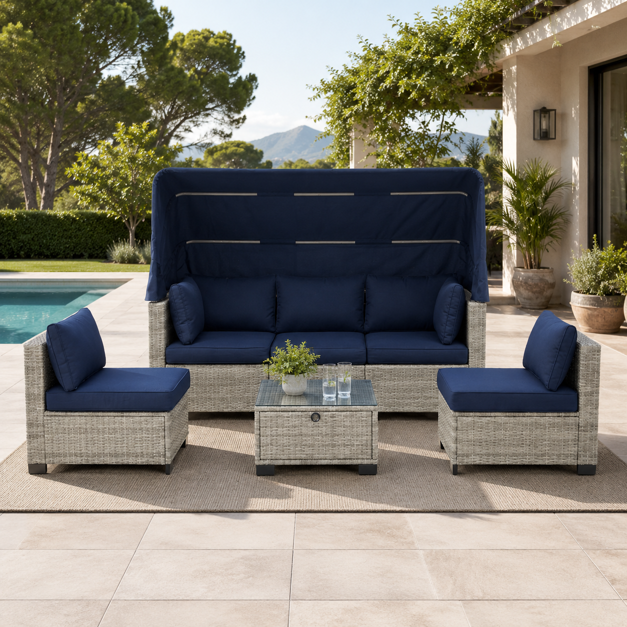 Sofa con Dosel + 2 Sillones + Mesa en Ratan  Muebles de Jardin y Terraza