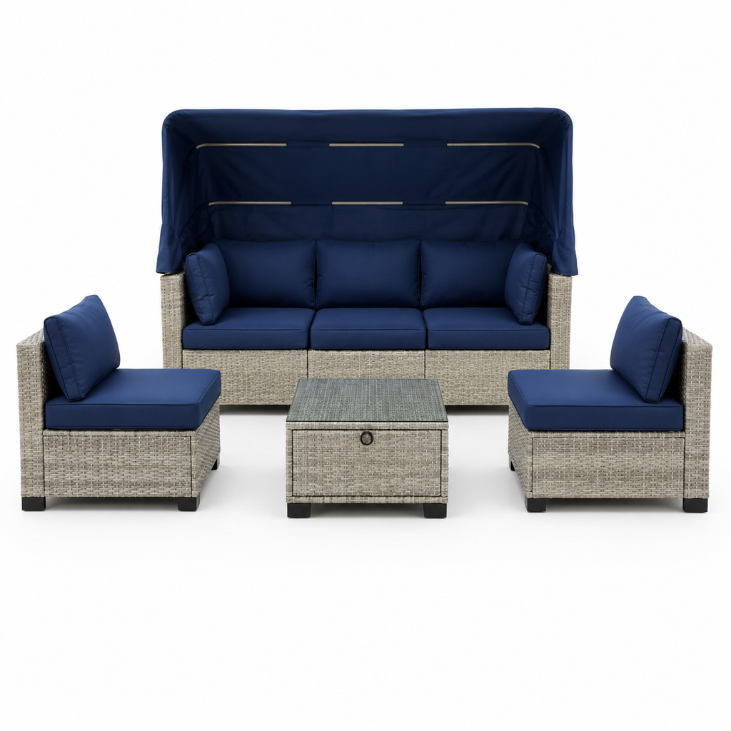 Sofa con Dosel + 2 Sillones + Mesa en Ratan  Muebles de Jardin y Terraza