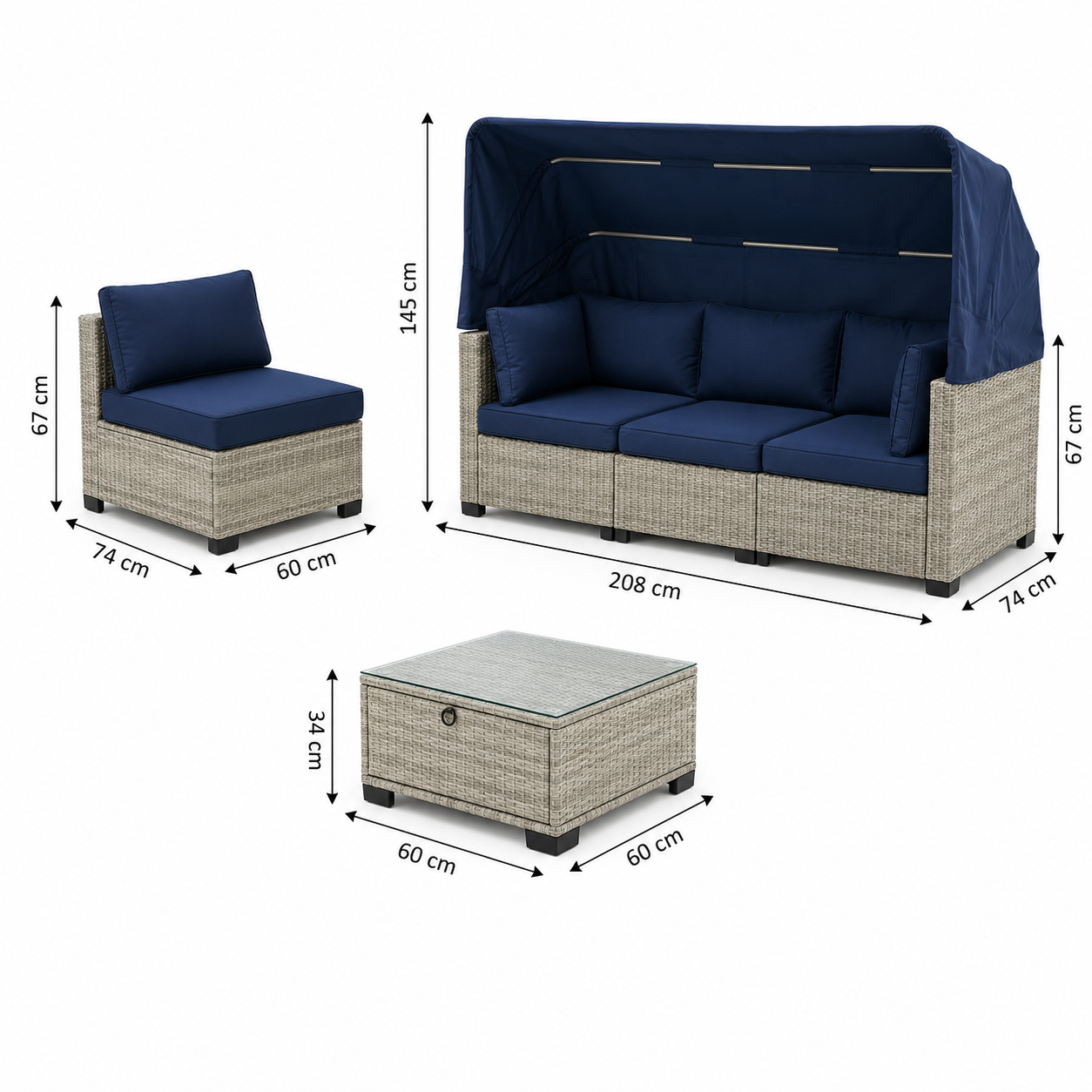 Sofa con Dosel + 2 Sillones + Mesa en Ratan  Muebles de Jardin y Terraza