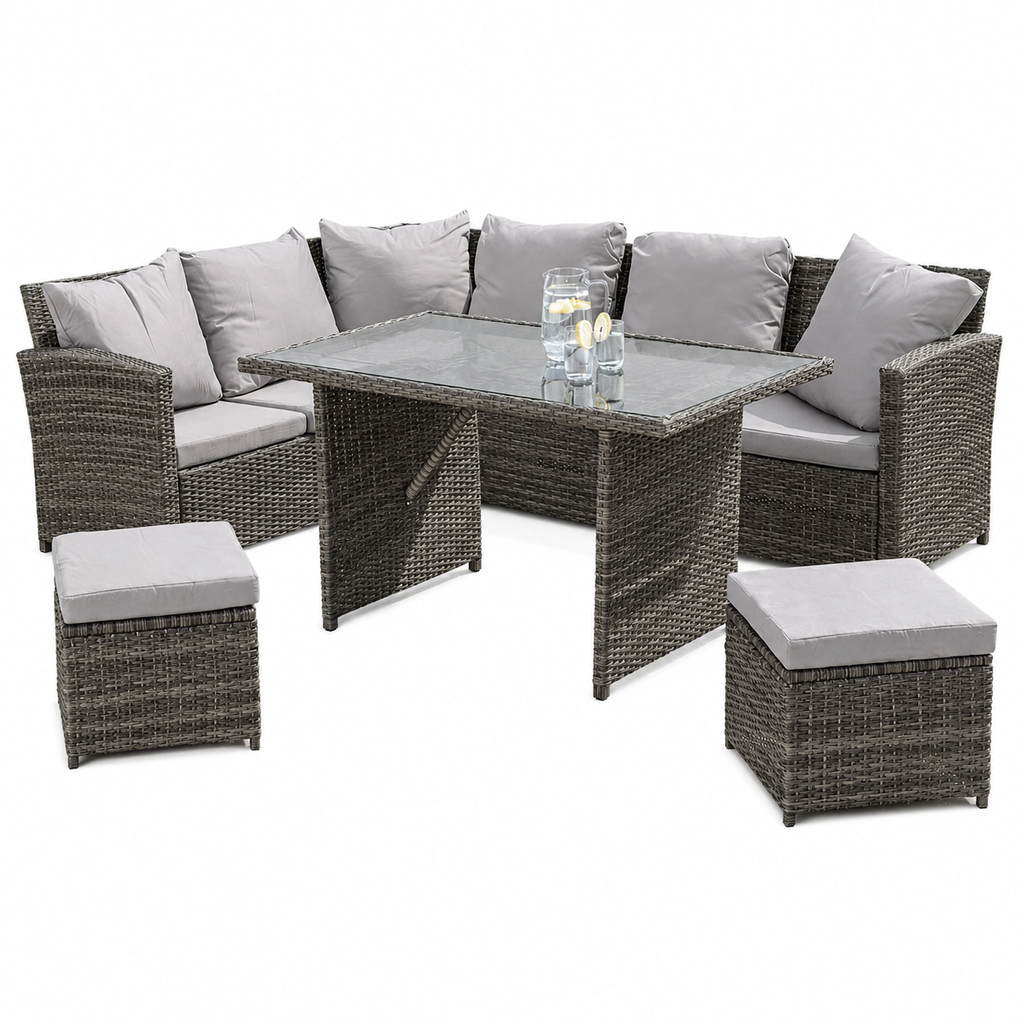 Sofá Rinconera Jardín Ratán Exterior 230x175 cm con Mesa y 2 Pufs
