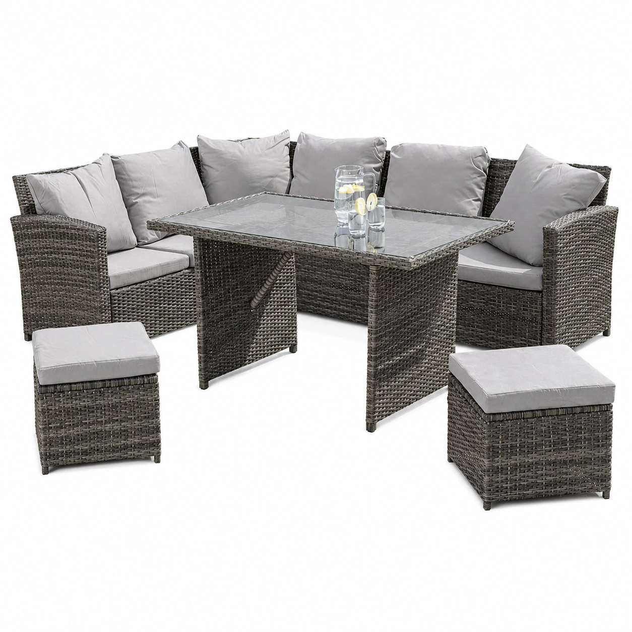 Sofá Rinconera Jardín Ratán Exterior 230x175 cm con Mesa y 2 Pufs