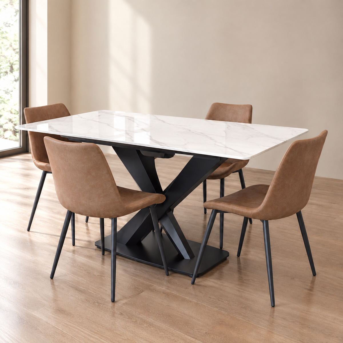 Comedor Moderno con Mesa Rectangular Efecto Mármol Blanco y 4 Sillas