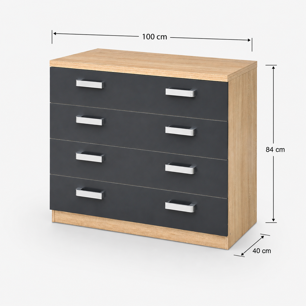 Cómoda 4 Cajones Dormitorio Melamina Cambria Gris Oscuro 100x40x84 cm – Cajonera Moderna de Almacenaje para Dormitorio