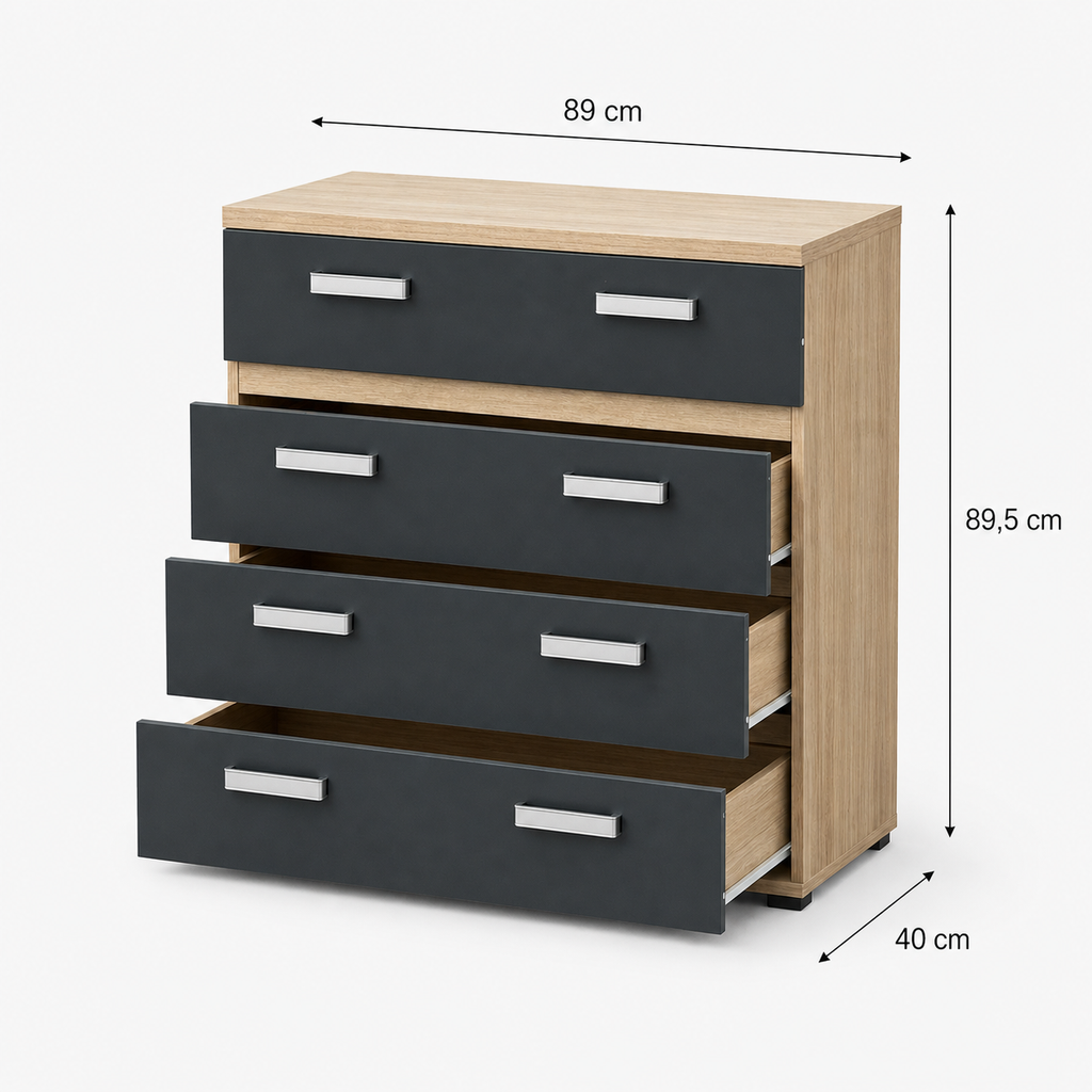 Cómoda 4 cajones moderna dormitorio 89x40x89,5 cm cambria negro